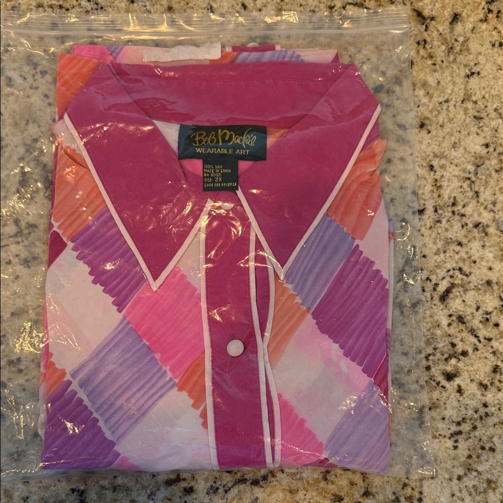 Bob Mackie Wearable Art Silk Blouse 2X Colorful Geometric Button Front NWOT - Picture 5 of 5